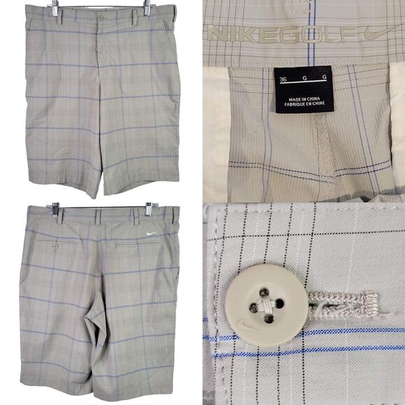Nike Golf Shorts Size 36 Gray Blue Plaid Flat Front Chino Performance - Picture 1 of 13